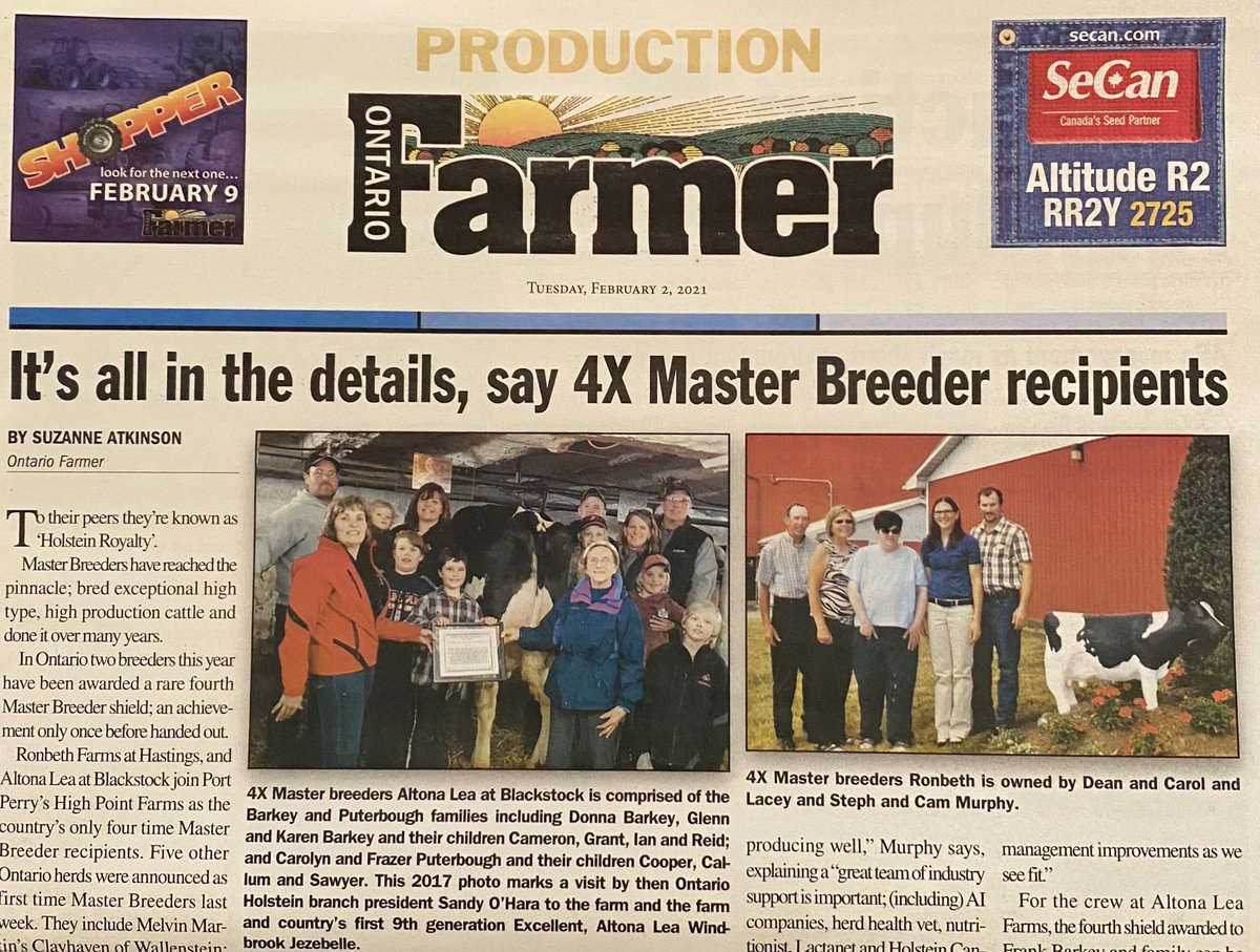 DurhamAgRural's tweet photo. We would like to congratulate Altona Lea Farms on receiving their 4th Master Breeder Shield award. This truly is an amazing accomplishment. Keep up the great work! #AgProud #DurhamAg #HolsteinCanada https://t.co/Q1Xwmiopp4