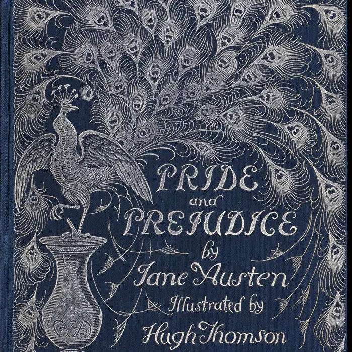 Fascinating #coverdesign for #PrideandPrejudice by #HughThomson. The peacock on a sundial immediately gives would-be readers an idea of the characters and tone of the book. Thomson illustrated covers for not only  #JaneAusten, but #Shakespeare, #CharlesDickens, and #JMBarrie.