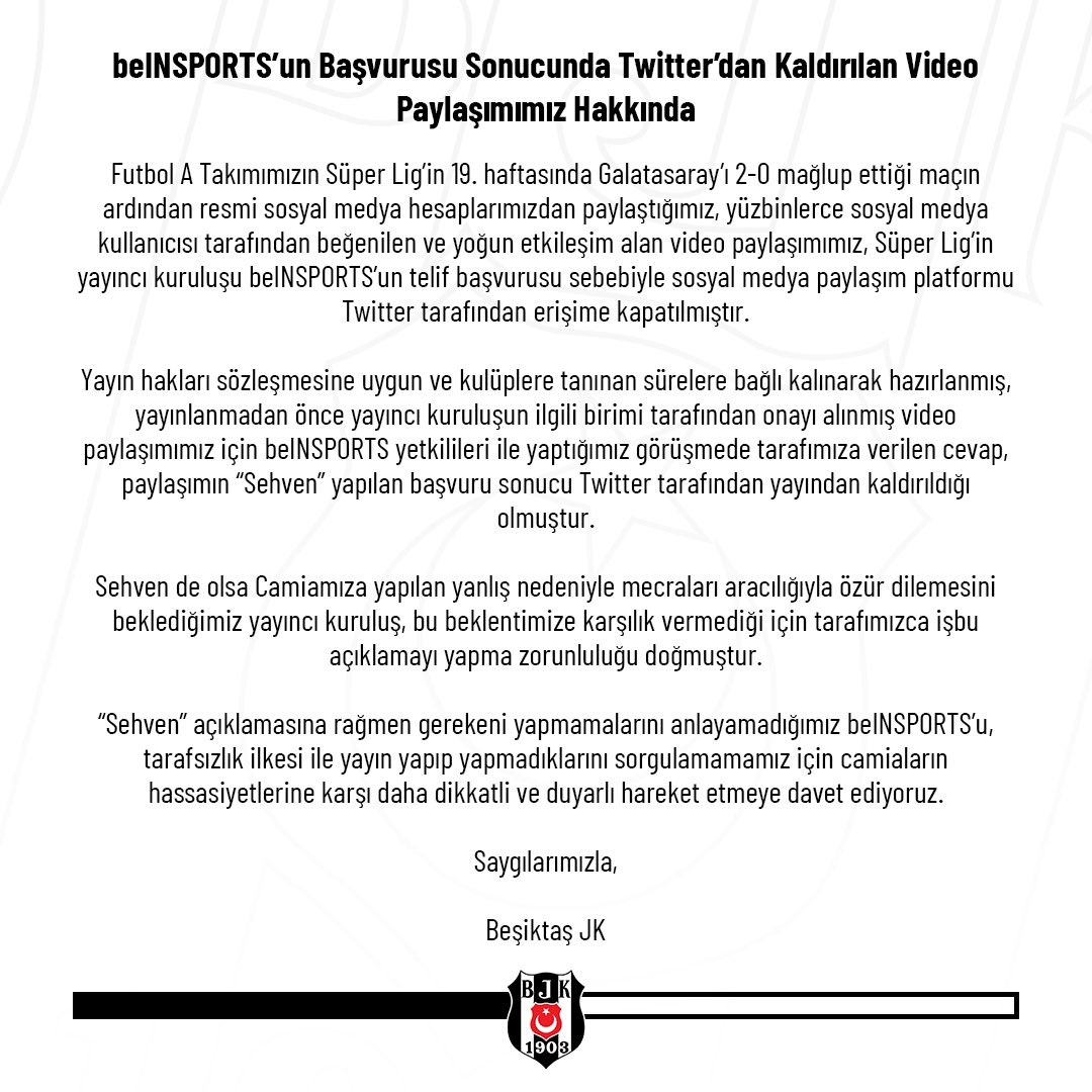 beINSPORTS’un Başvurusu Sonucunda Twitter’dan Kaldırılan Video Paylaşımımız Hakkında

🔗 bjk.com.tr/tr/haber/80510