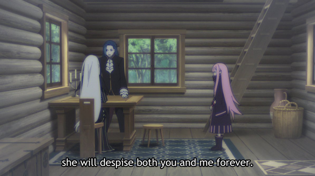 Every interaction between the Sanctuary group is natural, except when it comes to those with Echidna. Her face is always hidden, and she has no qualms doing things behind Beatrice's back. She doesn't mind pulling all of her allies' strings, sacrificing Ryuzu & Roswaal.