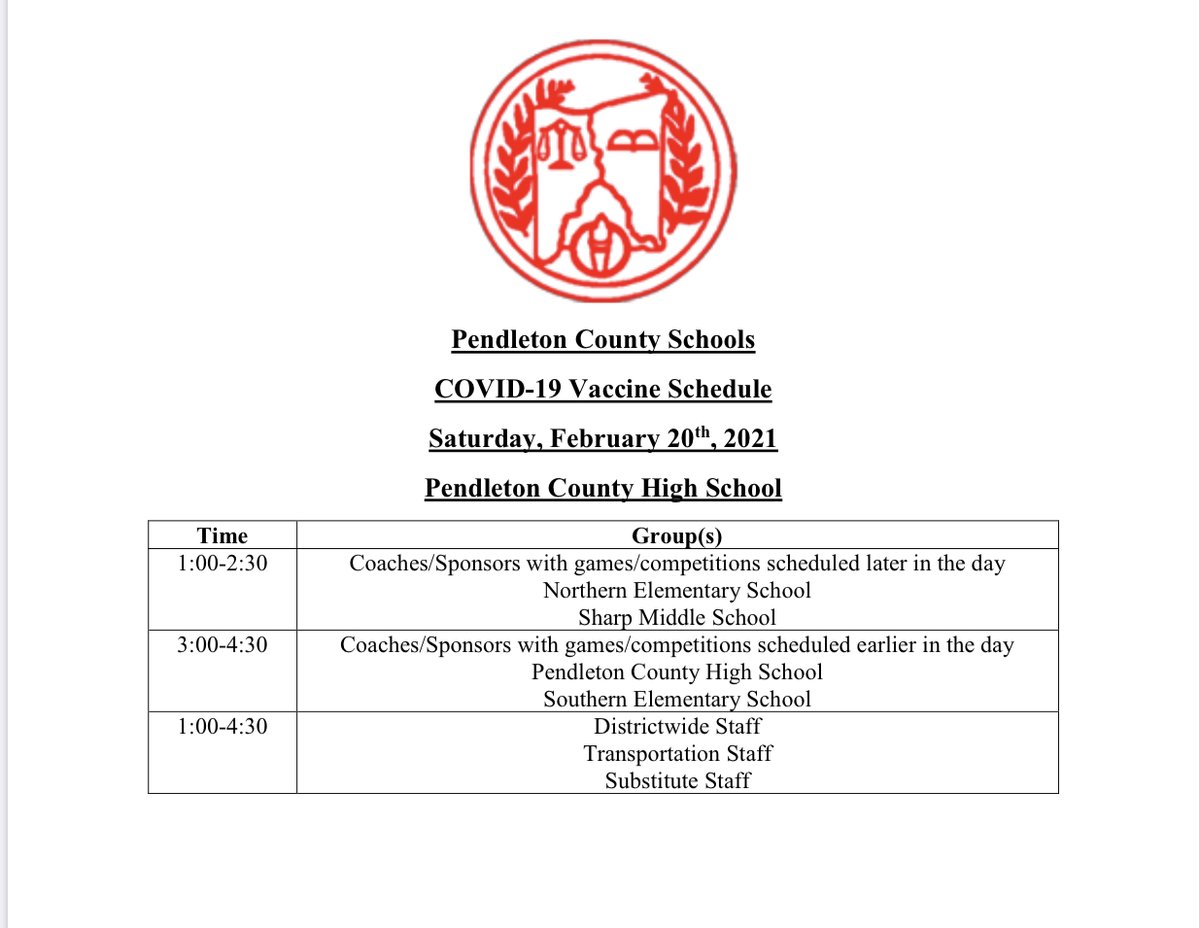 Please see attached schedule for our 2nd round of COVID-19 vaccines on Saturday, February 20th, 2021. If you have questions please contact your building or immediate supervisor.