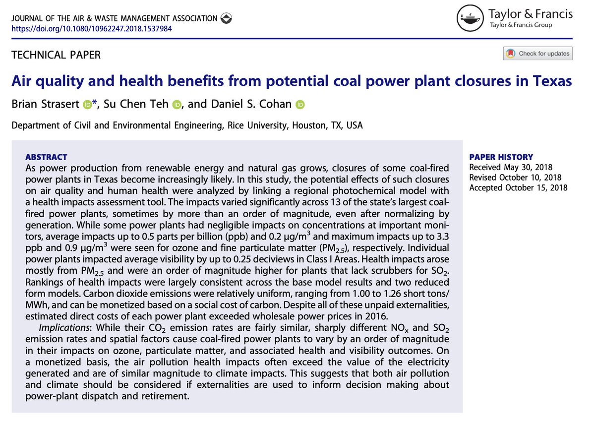 Our power system isn't just failing us in the moment. They're too costly year-round to our $, air, climate, and health. In this paper, we estimated the air pollution, haze, and many 100s of deaths from Texas coal power plants, which emit more CO2, SO2 & NOx than any other state.