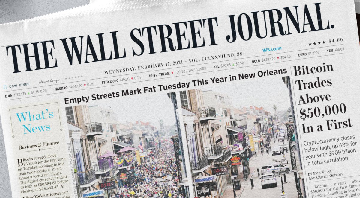 Bitcoin on the front cover of The Wall Street Journal today