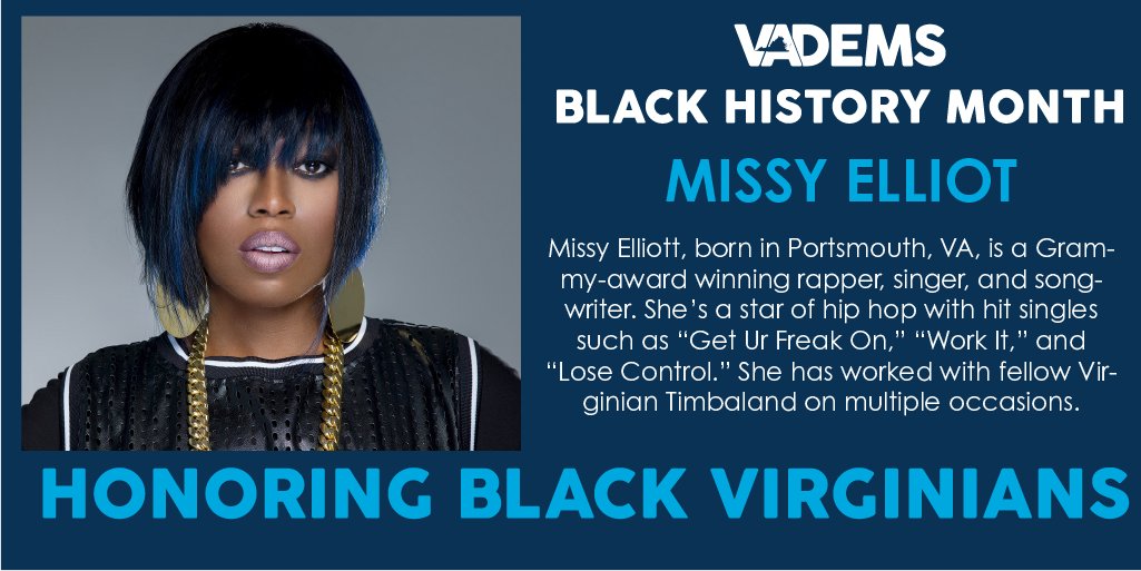 vademocrats's tweet photo. In honor of #BlackHistoryMonth, we're spotlighting Black Virginians who shaped the path of our Commonwealth and country. Today we're recognizing Missy Elliot, an award-winning rapper from Portsmouth who helped blaze a trail for countless successful women in hip-hop. https://t.co/0IbUGF8nto