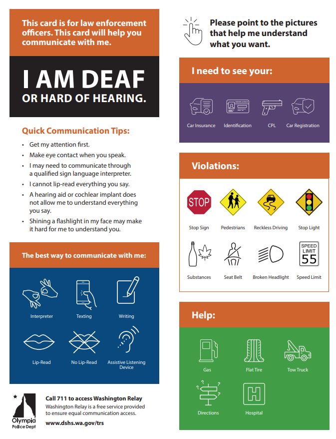 OlyPD's tweet image. (1/2) Are you a driver with a hearing impairment, or know someone who is? Thanks to a great suggestion from a community member, OPD is excited to have a new communication resource for both drivers and officers...