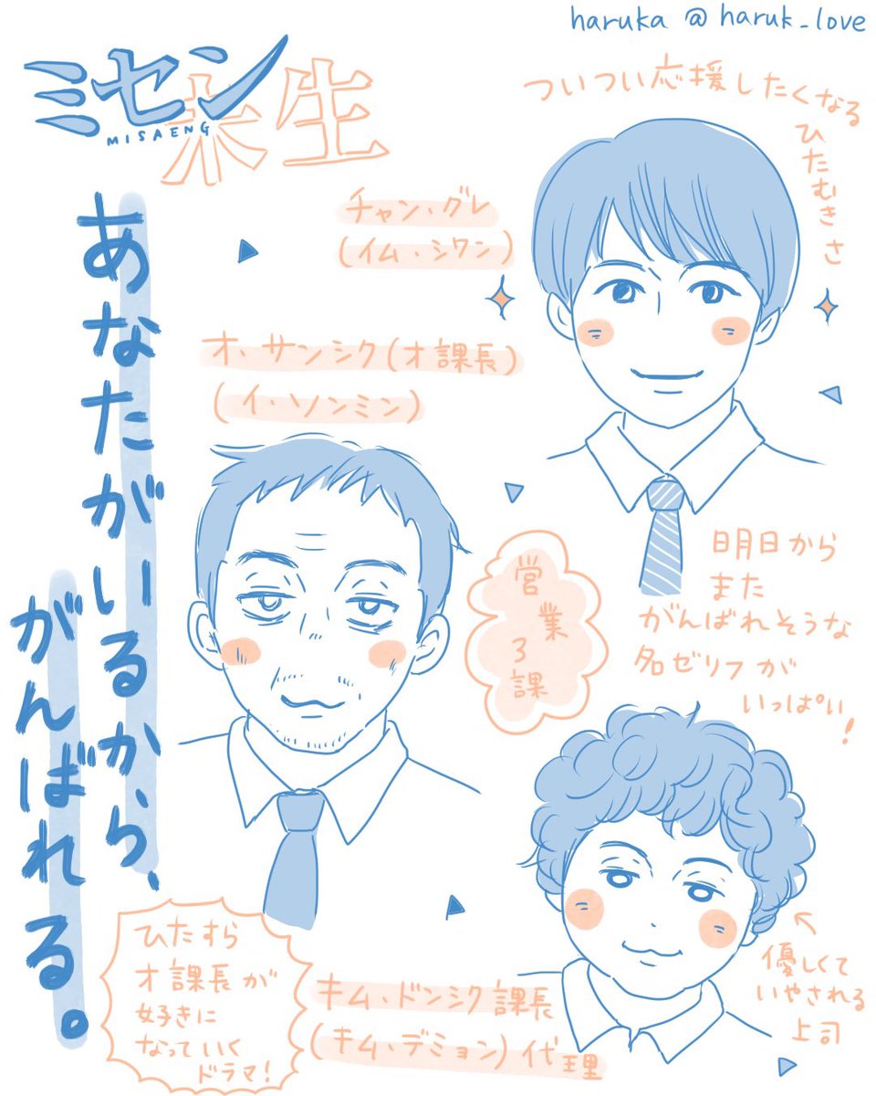 Haruka ミセン の感想イラスト描きました ネタバレなし 今回は人物多いので２枚描きました 仕事だけじゃなくて 人間 人生を描いてるところがいいなと思いました オ課長が本当に魅力的 イムシワン カンハヌル ピョンヨハン 임시완 강하늘