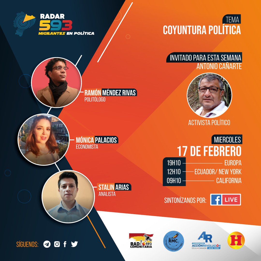 RComunitariosEc's tweet photo. 🔸🔷🔴HOY
#RADAR593: Migrantes en política 🇺🇸🇪🇨🇨🇦🇪🇺
Invitado: Antonio Cañarte
Tema:
Coyuntura Política 🇪🇨
Moderan:
@MendezRivasR - Politólogo 🏛
@Mpalacioszam - Economista 📈
@stalinariasg- Analista 📊🇪🇨 https://t.co/cAwelc5VW7