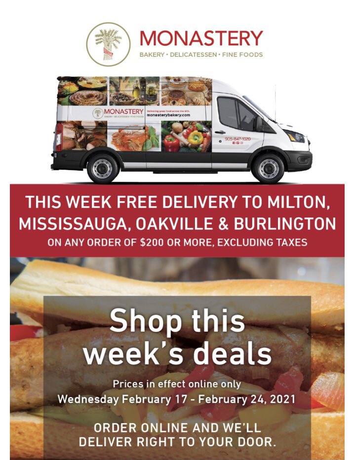 Shop this week’s deals at monasterybakery.com. 
Pick-up your order in store or let us delivery to you, now with free delivery to Milton, Mississauga, Oakville &amp; Burlington with orders over $200. 
#monasterybakery #grocerydelivery