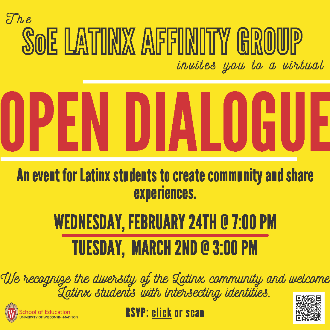 The School of Education’s (SoE) Office of Equity, Diversity, and Inclusion (OEDI) invites you to join us in our upcoming Latinx Student Affinity Open Dialogue Discussion. 

Please RSVP to receive further information, and a link to participate: ow.ly/JV8t50DCFig