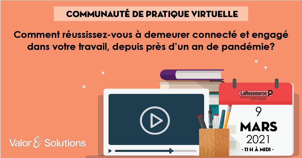 ressource_la's tweet photo. Cela fait tout près d’un an que la pandémie a changé nos habitudes de travail. Quelles sont les meilleures pratiques que vous avez mis en place pour bien supporter votre travail? Joignez-vous à nous pour en discuter! https://t.co/QIo0Kv9lEE https://t.co/Te4pM1vk0U