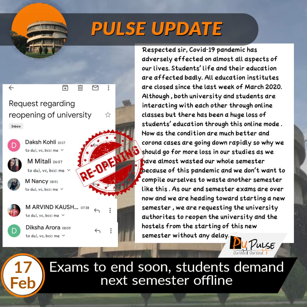 pu_pulse's tweet photo. #Students 𝙤𝙛 𝙈𝙖𝙩𝙝𝙨 𝙙𝙚𝙥𝙖𝙧𝙩𝙢𝙚𝙣𝙩 𝙙𝙚𝙢𝙖𝙣𝙙 𝙩𝙤 #reopen 𝙩𝙝𝙚 #University 𝙖𝙣𝙙 #hostels 𝙖𝙛𝙩𝙚𝙧 #exam
Know more:https://t.co/WFe363Z5hU

#Reopencolleges #ReopenHostels #COVID19 #Chandigarh #reopening #reopenuniversities #pupulse @OfficialPU @PunjabGovtIndia https://t.co/NcCkZHlyCe