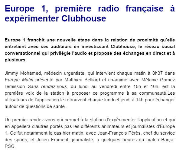 Mais quel sera le premier média français à expérimenter ClubHouse ? Eh bien c'est Europe 1