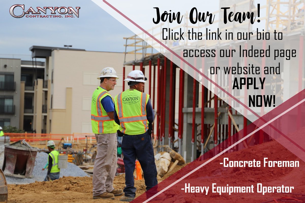 CanyonContract's tweet photo. WE ARE HIRING‼️
...
We are looking for Concrete Foreman, Heavy Equipment
Operator and more !
...
Check out our website or indeed page for more info !
APPLY NOW‼️
#theCanyonway #featuredjob #constructionjobs #careersinconcrete #werehiring https://t.co/BPPBJNGca2