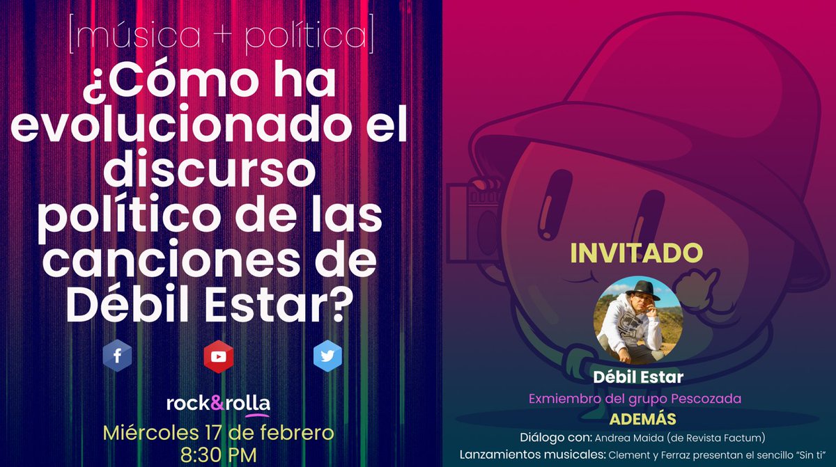RevistaFactum's tweet photo. #Rockanrolla 🎶
 No te perdás el programa de esta noche. 8:30 PM en nuestras redes sociales. 

🔴 Hablaremos de hip hop y política con @DebilEstar.
🔴 La periodista @Maidandre dará más detalles de su última reseña. 
🔴 @soyclement presentará su nuevo sencillo. https://t.co/ZNULh2OMzf
