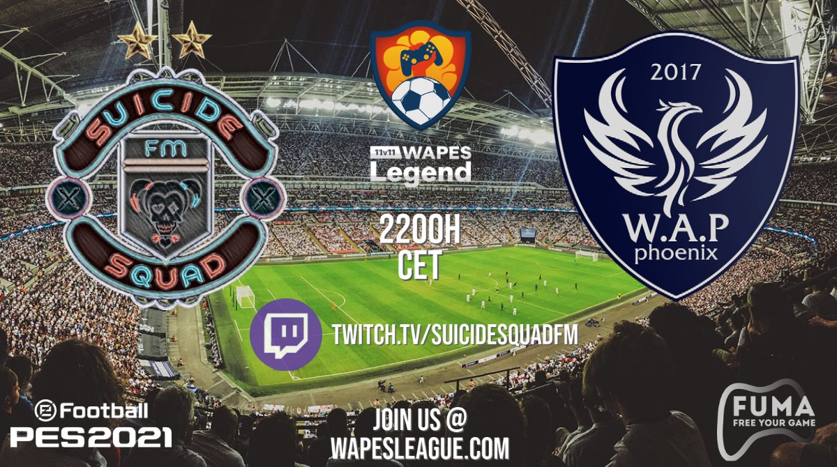 ⚽️ Matchday #4 <a href="/WapesLeague/">WAPES League 11vs11</a> ⚽️

➡️ Tonight we meet the actual Champions 🍾🏆

<a href="/SuicideSquadFM/">Suicide Squad FM</a> 🆚 <a href="/PhoenixWap/">Phoenix WAP</a> 

🕙 Live 22h CET
🎬 Twitch.tv/suicidesquadfm

#fullmanual #11vs11 #WAPESLeague #eFootballPES2021 <a href="/officialpes/">officialPES - Inactive</a>