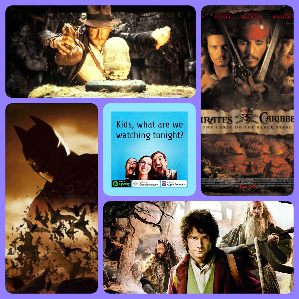 KidsWatching's tweet photo. Its #shamelessselfpromotion Wednesday. We don't have an episode today because on Friday we'll be releasing our #100thepisode, so I've cleaned up the audio on 4 of our oldest episodes, and added them to our YouTube channel

#thehobbit #batman #piratesofthecaribbean #indianajones https://t.co/HaR4Oxe14h