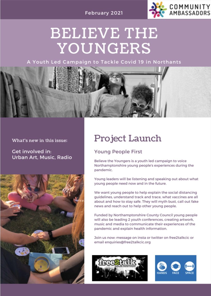 An exciting youth led campaign allowing young people to share their experience of Covid-19 #believetheyoungers <a href="/Free2TalkCIC/">Free2TalkCIC</a>