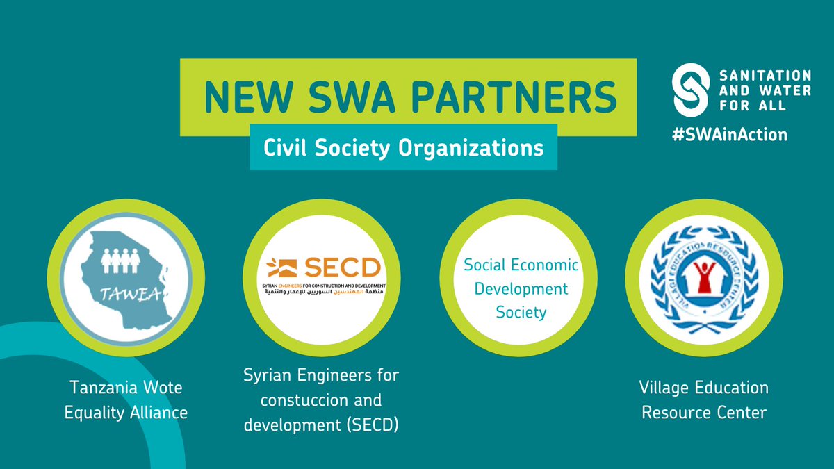 sanwatforall's tweet photo. Meet our new partners from the Civil Society constituency: SECD, SEDS, BBF, @WorldToilet, @dorpngo, Red Agua Segura, @HabitatEMEA, @Amref_Worldwide, Afrique Solidaire, TWEA, VERC & APFDC-BENIN.
#SWAPartners- please join us in welcoming them to the partnership.
#SWAinAction https://t.co/DkJdnl4IUW