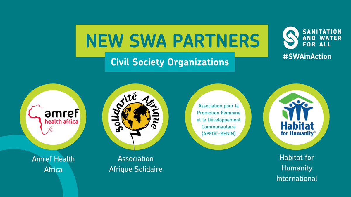 sanwatforall's tweet photo. Meet our new partners from the Civil Society constituency: SECD, SEDS, BBF, @WorldToilet, @dorpngo, Red Agua Segura, @HabitatEMEA, @Amref_Worldwide, Afrique Solidaire, TWEA, VERC & APFDC-BENIN.
#SWAPartners- please join us in welcoming them to the partnership.
#SWAinAction https://t.co/DkJdnl4IUW