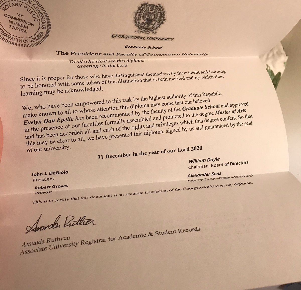 playingmountain's tweet image. Just so there is no confusion for those that can’t read my GU diploma in Latin: 

#Notarized 🥳