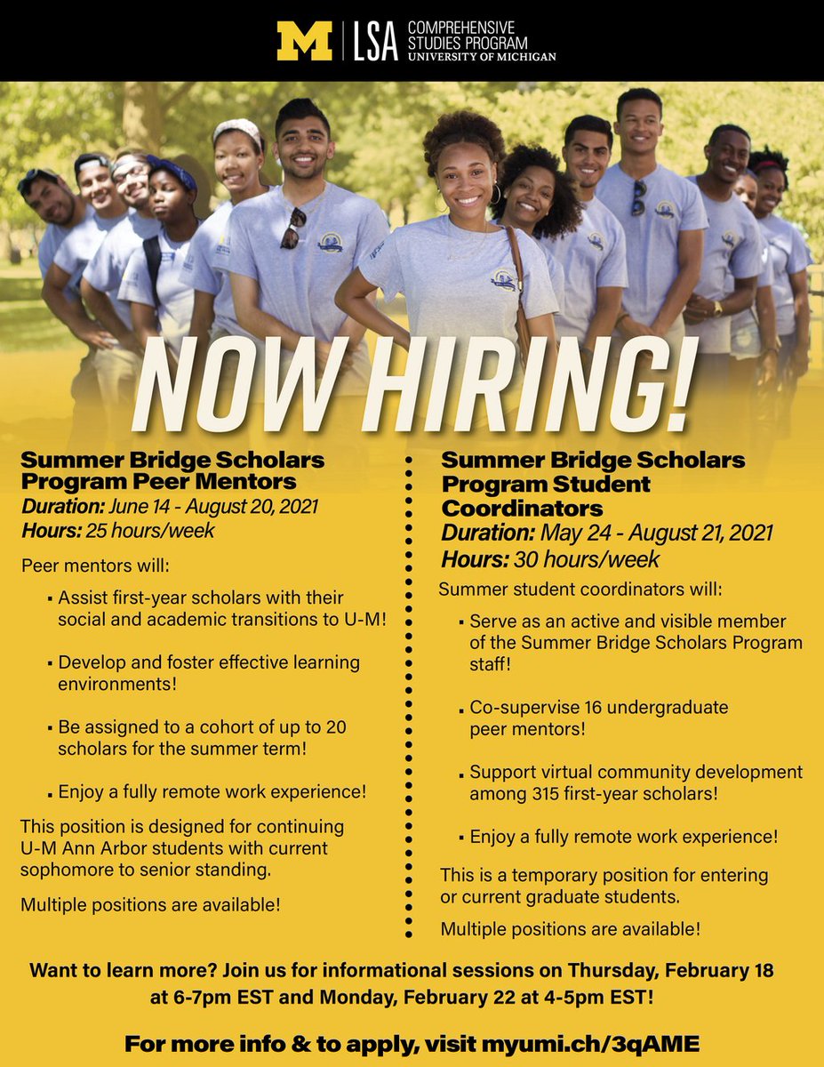 CSP is hiring students to serve as Peer Mentors and Student Coordinators for our 2021 Summer Bridge Program! Join our Zoom information session tomorrow from 6-7pm, to learn more about our summer positions. 

Apply today>> lsa.umich.edu/csp/employment…