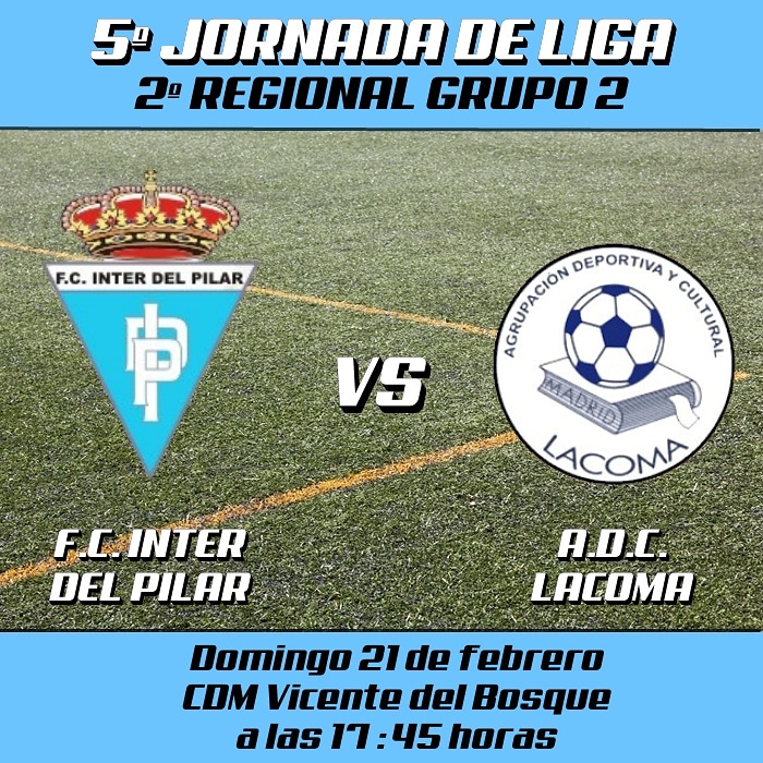 El próximo domingo, quinta jornada de liga, séptimo partido nuestro ya que fue aplazado en su momento por el temporal de nieve, el rival un viejo conocido, <a href="/adclacoma/">A.D.C. Lacoma</a> a las 17:45, en el CDM Vicente del Bosque.
.
.
#cuatrotorres #polideportivovicentedelbosque #rffm #interdelpilar
