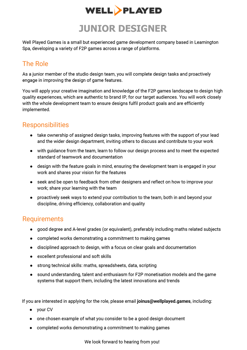 WPG_Leamington's tweet photo. We have 3 brand new Design roles we're hiring for! Check out our posts or our website for details, https://t.co/dZWbHMJk4U 
First up we're looking for a Junior Designer to work on our exciting mobile projects. Apply to joinus@wellplayed.games if you're interested!
#gamedev https://t.co/5HXALfNHG3