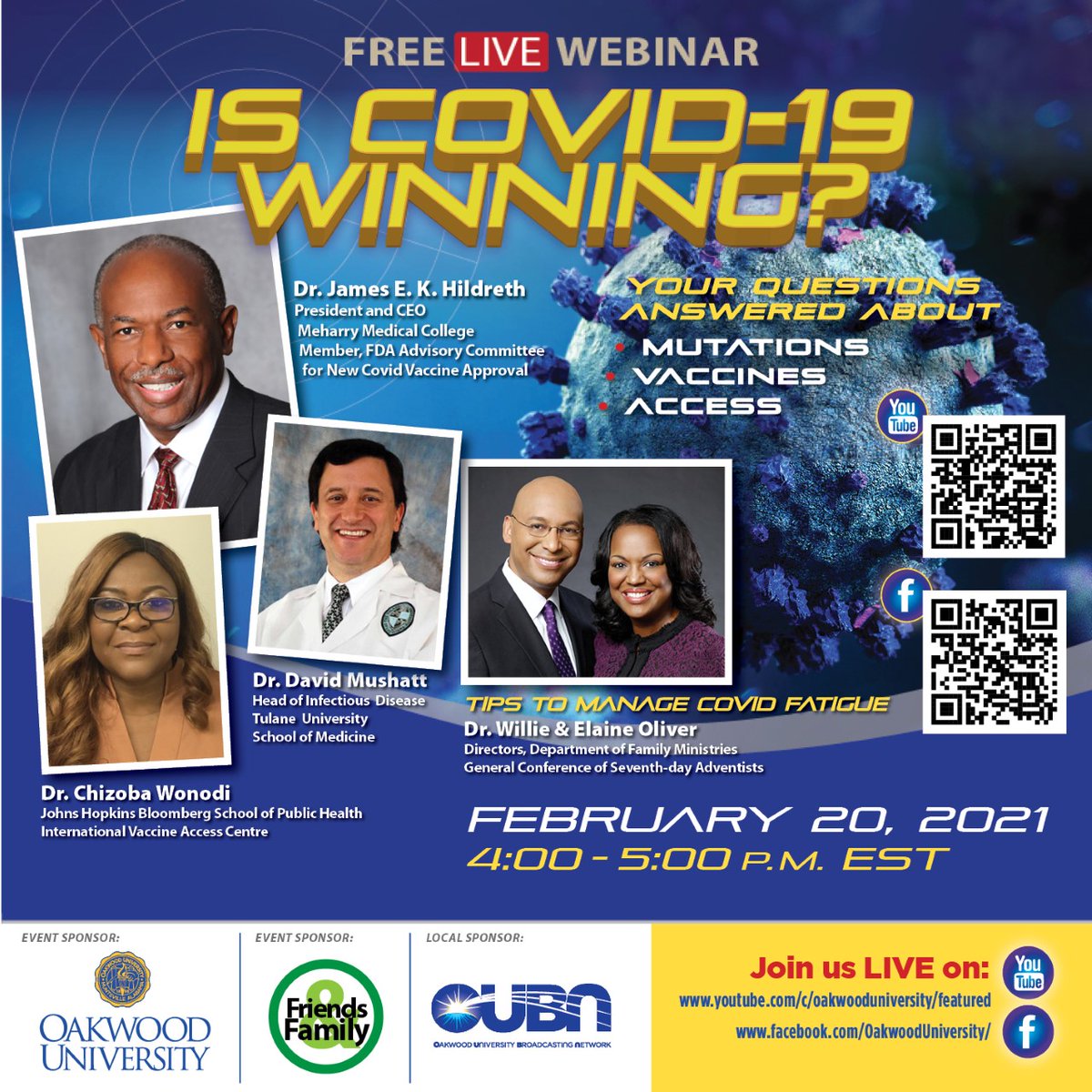 Join this live seminar as we discuss " Is Covid-19 Winning?" you don't want to miss it. February 20, 2021  4pm-5pm EST.