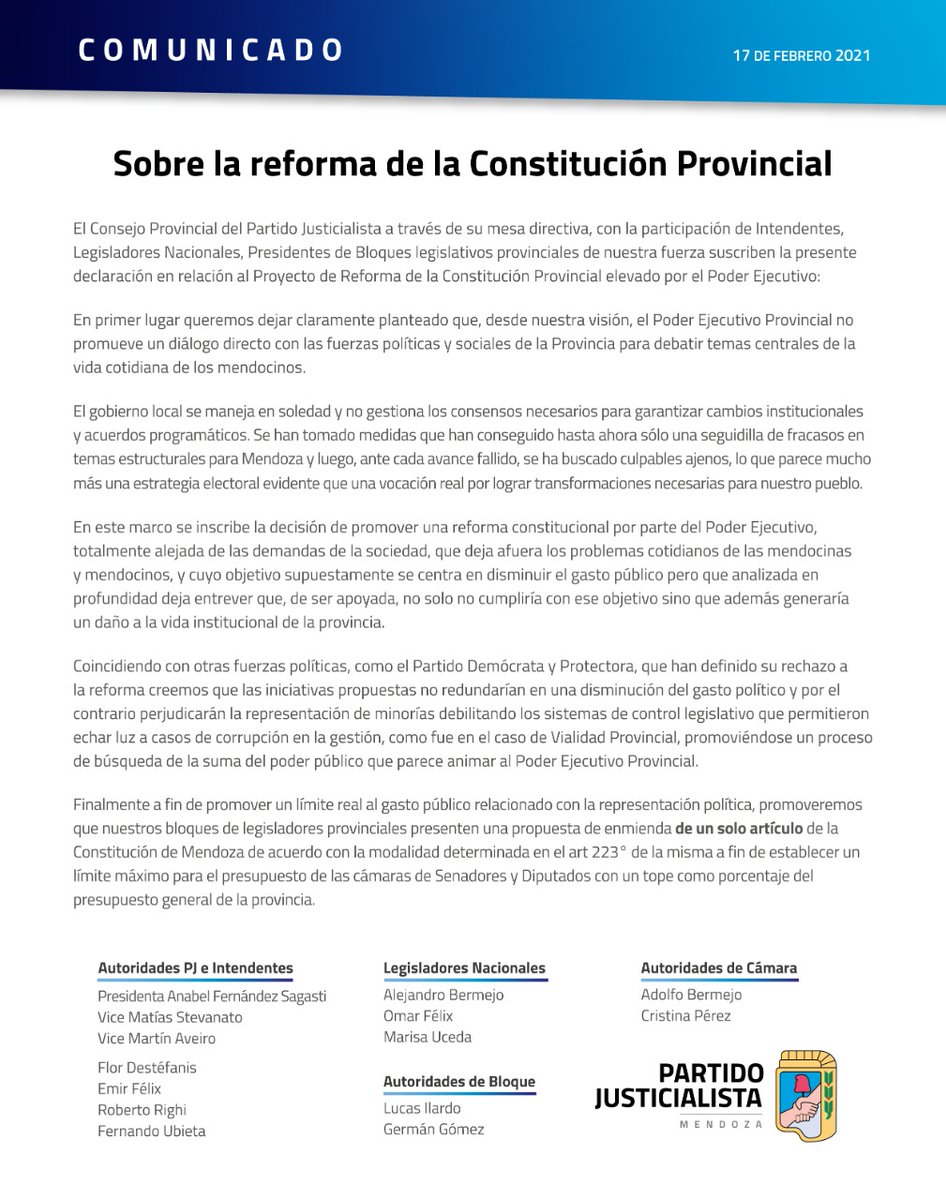 LuliNieto8's tweet photo. La postura del Partido @PJ_Mza sobre la reforma con la que pretende avanzar el radicalismo, algo totalmente alejado de las demandas cotidianas de lxs mendocinxs👇 https://t.co/n22rqnETQq