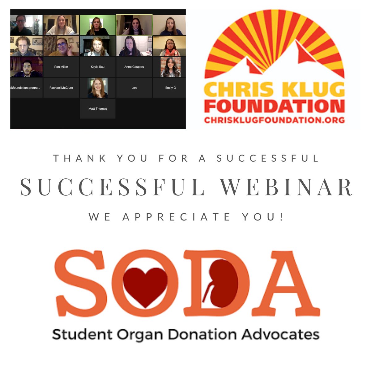 sodanational's tweet photo. Our webinar with @chrisklugfdtn was a huge success! Thank you to everyone who came and made this event informative and impactful. #sodanational #sodachapters #organdonation #studentadvocacy #donatelife https://t.co/pZRu2FqGxu