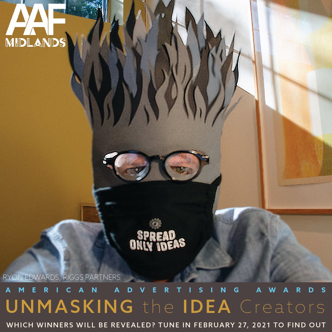 Do you know the creatives behind the masks? Ryon Edwards, Partner and Design Director at @RiggsPartners along with the rest of his creative crew are past ADDY award winners. Join us on February 27 as we unmask the idea creators. Tickets are on sale. eventbrite.com/e/american-adv…