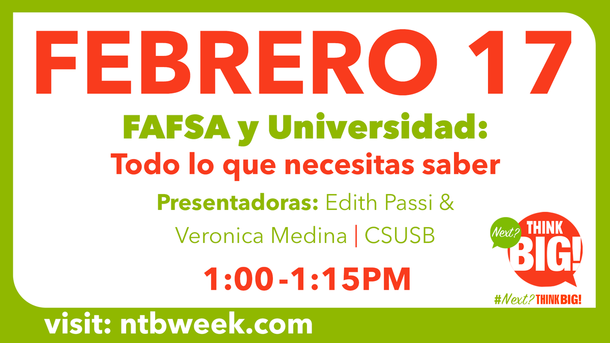 PSUSD's tweet photo. FAFSA & College: Everything You Need to Know
February 17 | 1:00-1:15pm
Registration Link: https://t.co/BXORVsNLIC
#NextThinkBig
FAFSA y Universidad: Todo lo que necesitas saber
febrero 17 | 1:00-1:15pm
Enlace de registro: https://t.co/BXORVsNLIC
#NextThinkBig https://t.co/okxdPc9Ilg