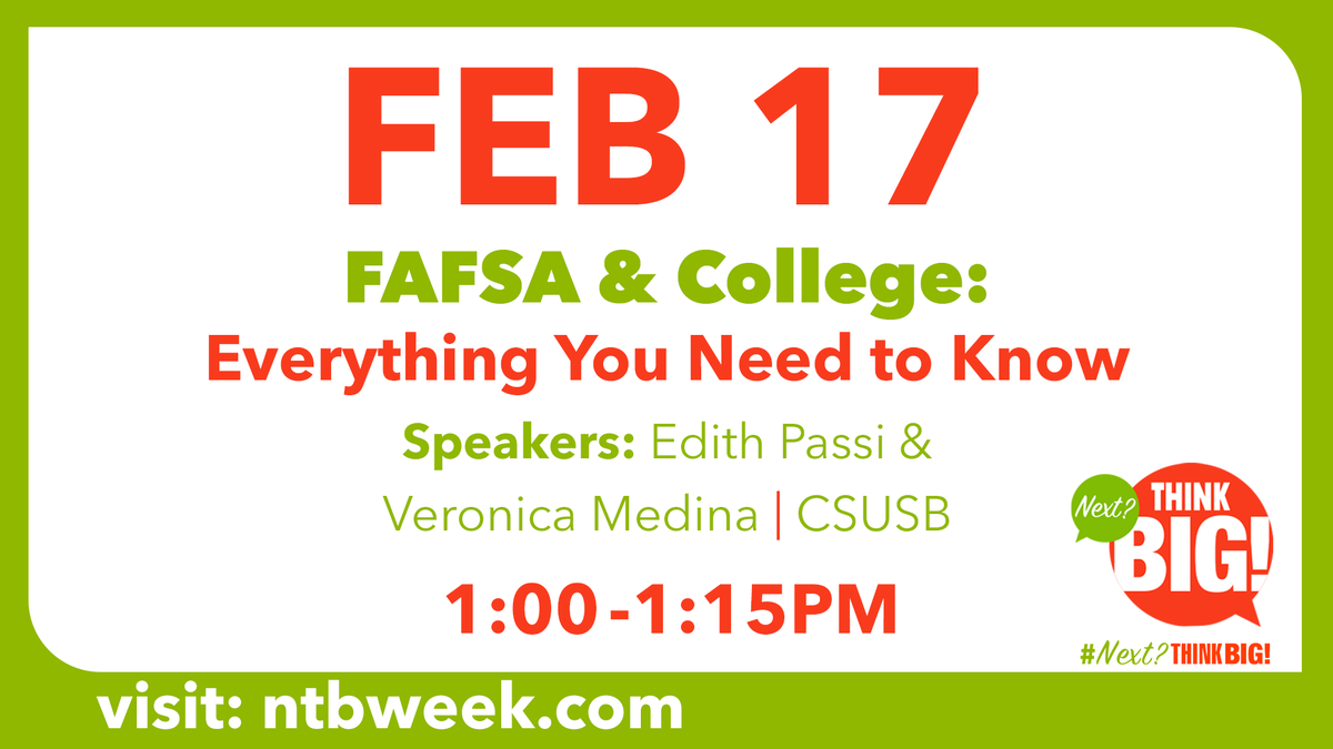 PSUSD's tweet photo. FAFSA & College: Everything You Need to Know
February 17 | 1:00-1:15pm
Registration Link: https://t.co/BXORVsNLIC
#NextThinkBig
FAFSA y Universidad: Todo lo que necesitas saber
febrero 17 | 1:00-1:15pm
Enlace de registro: https://t.co/BXORVsNLIC
#NextThinkBig https://t.co/okxdPc9Ilg