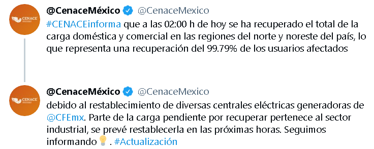 nmasguadalajara's tweet photo. 🔴#ActualizaciónApagón
✅ #CENACEinforma que a las 02:00 hrs. de hoy se ha recuperado el total de la carga doméstica y comercial en las regiones del norte y noreste del país, lo que representa una recuperación del 99.79% de los usuarios afectados https://t.co/athfSEti75