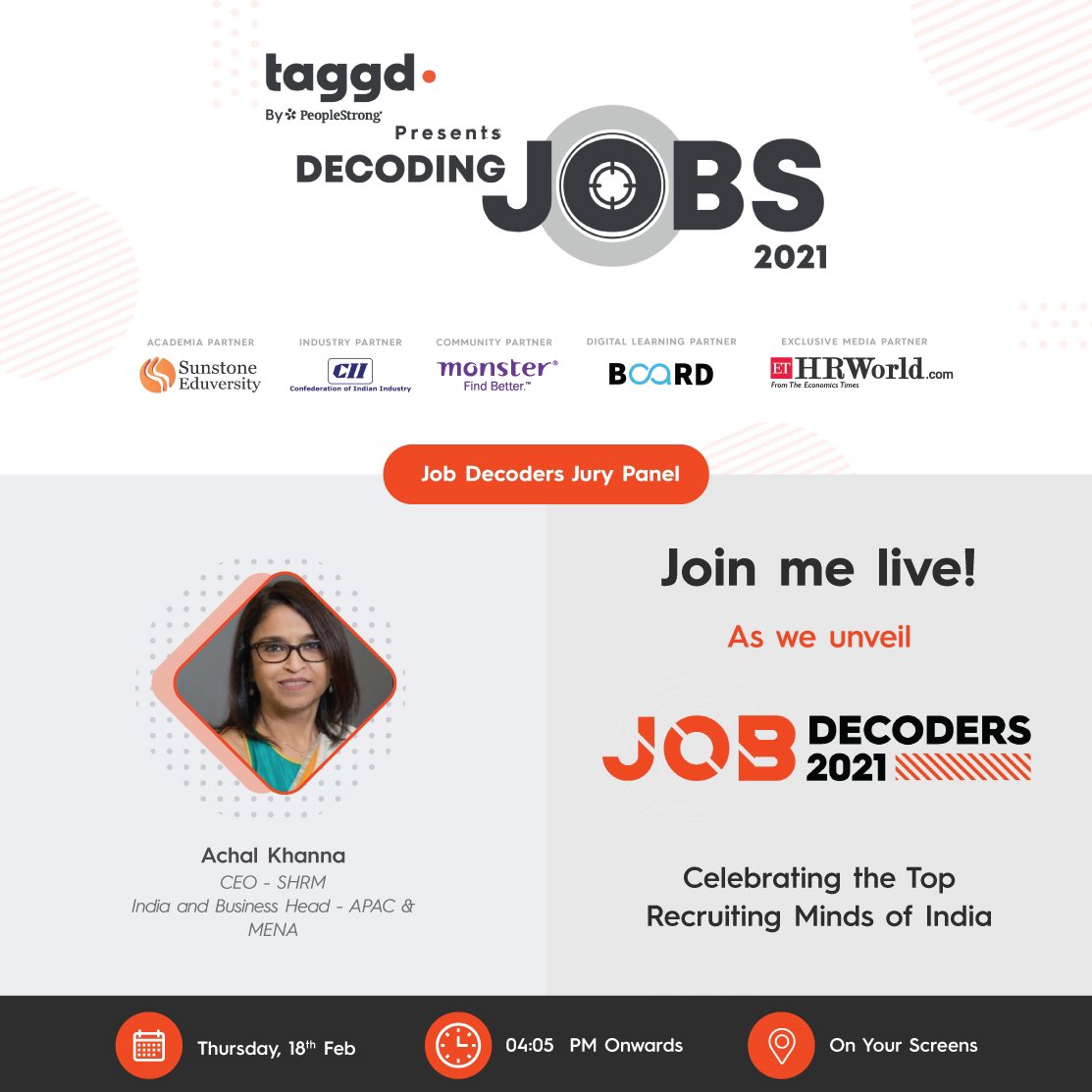 AchalKhanna1's tweet image. Join me and my fellow jurors @AbhijitBhaduri @amitsomani @anuranjita @rajivbhalla @SrikanthKarra01 at @_taggd’s #DecodingJobs2021 on 18th February 2021, as we unveil the first group of #JobDecoder2021! Sign up here for the invite! bit.ly/3ang4r7