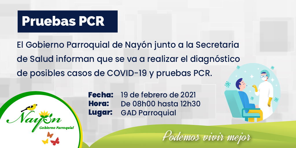 El Gobierno Parroquial de #Nayón junto a la <a href="/Salud_Ec/">Ministerio de Salud Pública 🇪🇨</a>  informan que se va a realizar el diagnóstico
de posibles casos de #COVID19 y pruebas #PCR, el 19 de febrero de 2021 de 08h00 hasta 12h30 en el Gad Parroquial.
nayon.gob.ec/noticia/item/p…