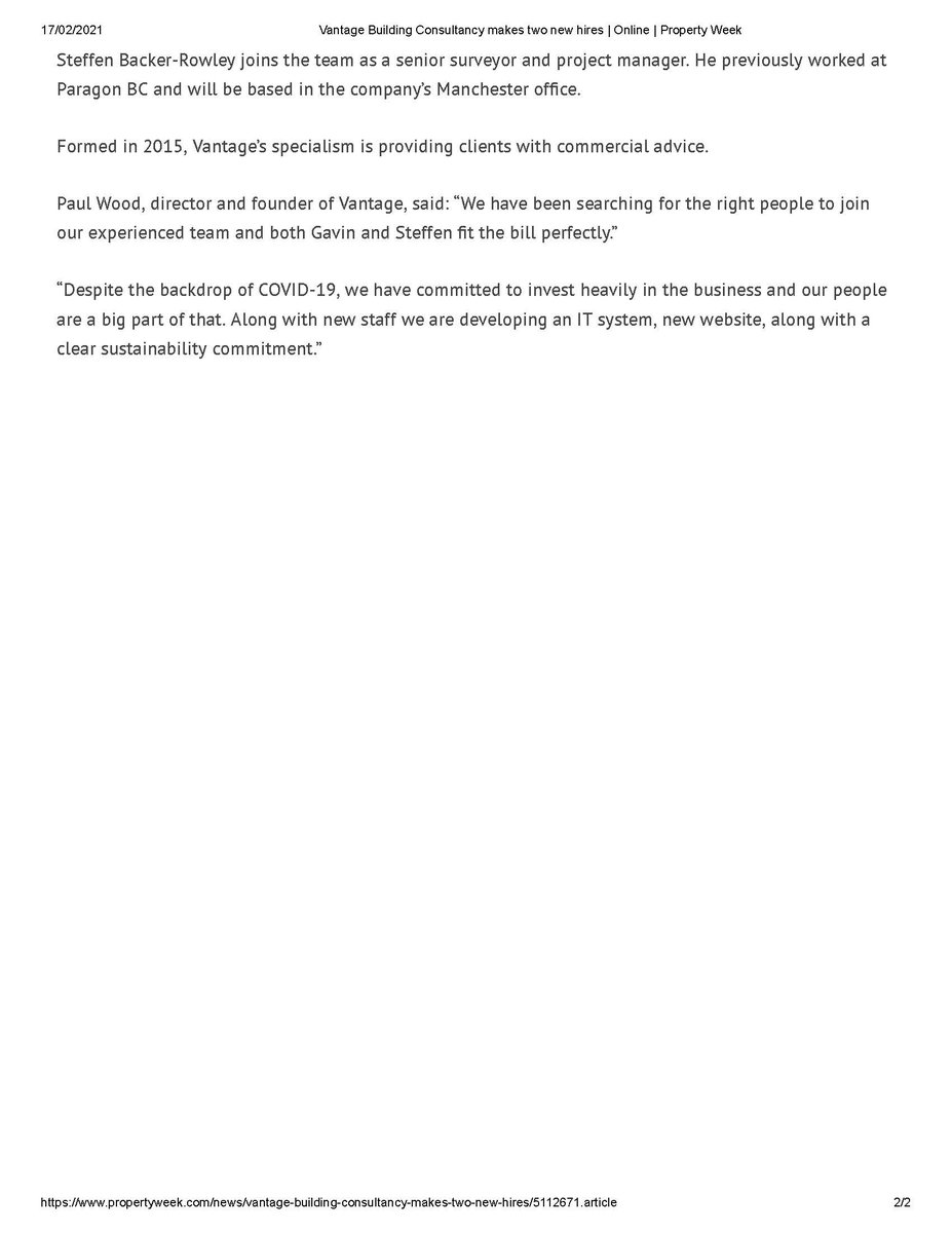 Vantagecon's tweet image. Great to see our team get a mention in Property week yesterday.

Its been great couple of weeks having you both on board.

We have committed to invest in the business and our people, along with new staff we are developing an IT system, new website, and a sustainability commitment