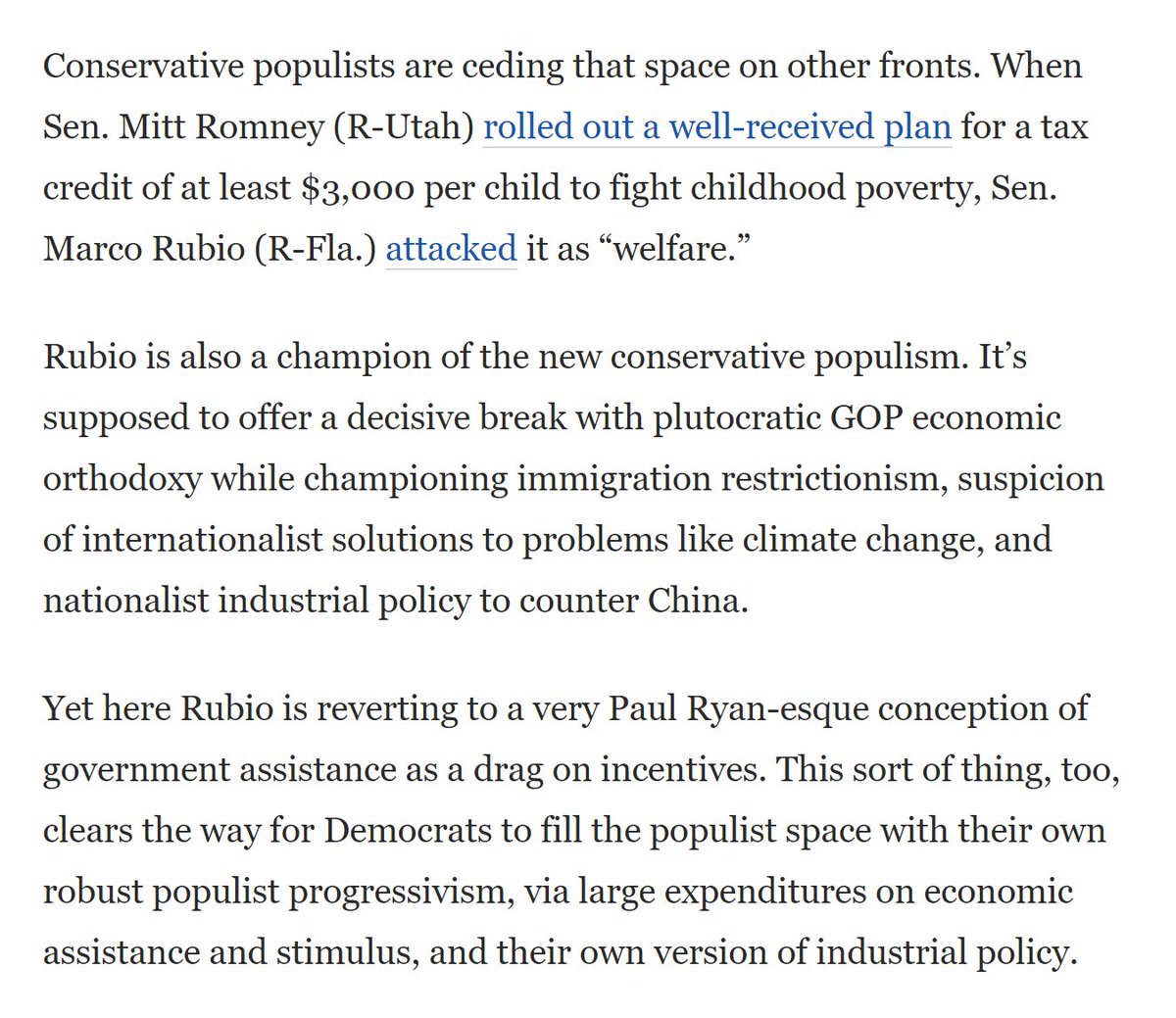 A few weeks ago Sen. Romney put forward an ambitious universal child allowance proposal that received acclaim from conservative thinkers across the David French to Sohrab Ahmari spectrum.The response from some supposedly populist Republicans was ironically Paul Ryan-esque...