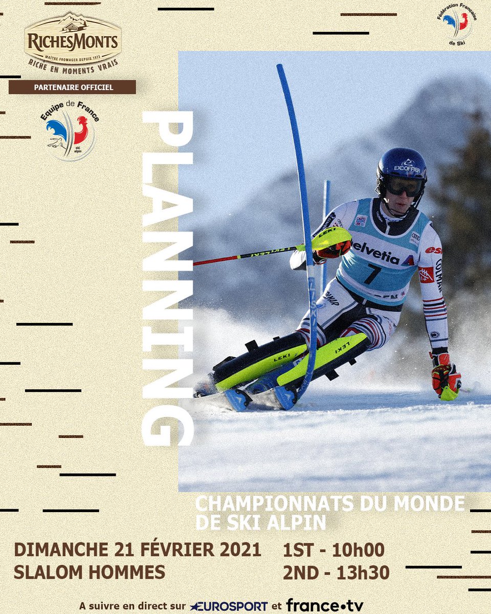 MENU du jour <a href="/richesmonts_/">RichesMonts</a> des Championnats du Monde 💪 !
⛷ Slalom Hommes
⏰ 1ST - 10h00 / 2ND - 13h30
🏔 Cortina d'Ampezzo <a href="/cortina2021/">Cortina2021</a>
📺 <a href="/Eurosport_FR/">Eurosport France</a> et <a href="/francetvsport/">francetvsport</a> 
#Allezlesbleus 🇫🇷