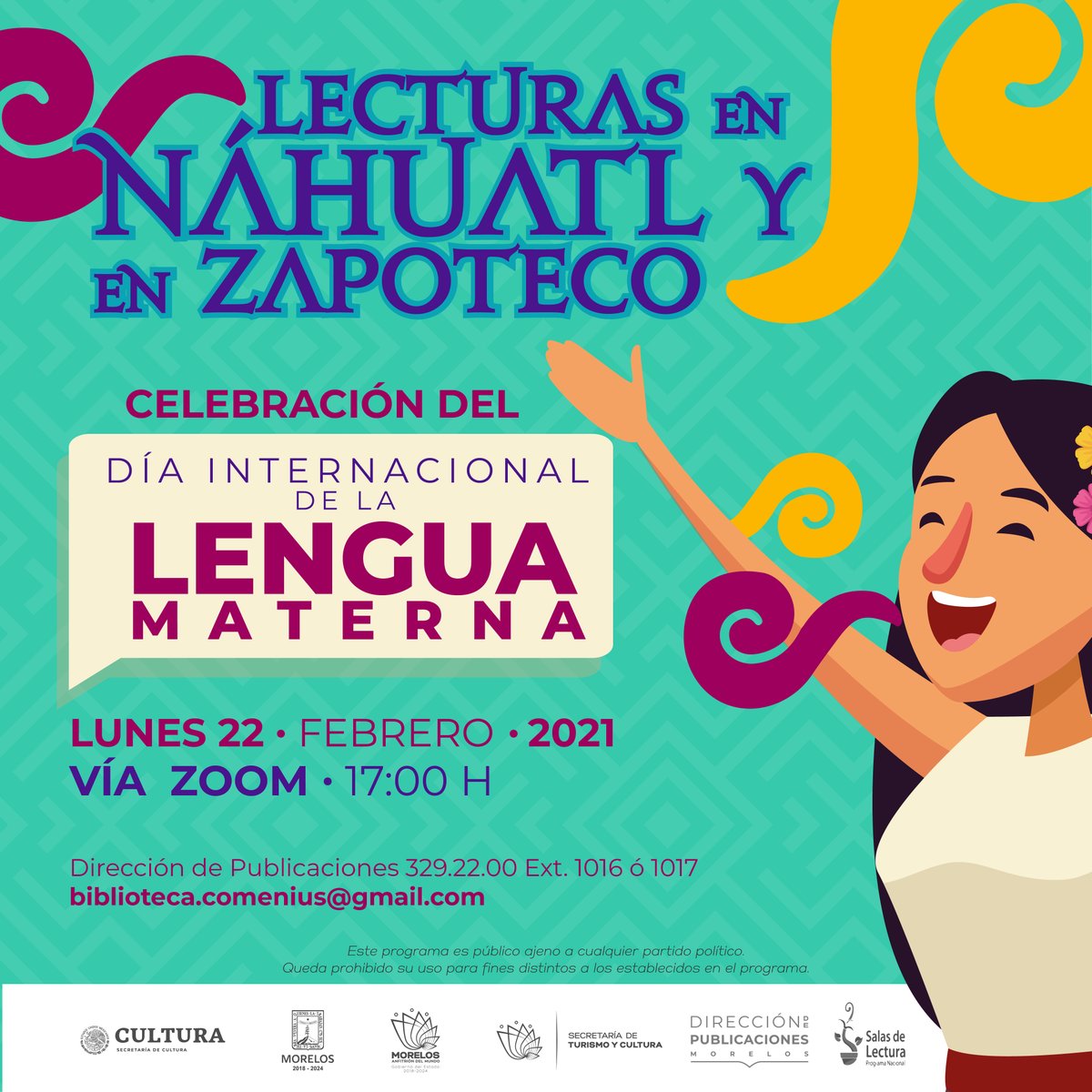 Cultura_Morelos's tweet photo. Lecturas en náhuatl y en zapoteco, celebración del Día Internacional de la Lengua Materna, este lunes 22 de febrero, vía zoom a las ⏰17:00 hrs. 

biblioteca.comenius@gmail.com #Cuernavaca #Morelos https://t.co/SJKZ7IaxS4