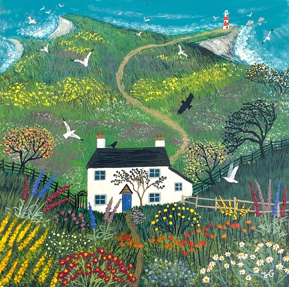 HWarlow's tweet image. Nearing the end of my today’s postings with this delightful painting by Jo Grundy whose work appears here quite often as it’s so lighthearted and cheery’ The Path to the Lighthouse’