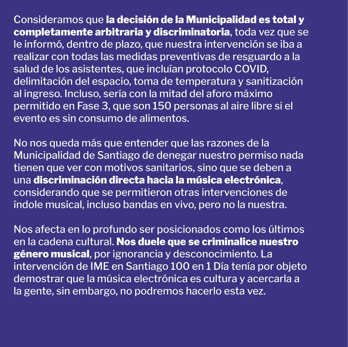 IMEChile's tweet photo. 📌 COMUNICADO
Lamentamos no poder participar del Festival @100en1diastgo por la arbitraria y discriminatoria decisión de la @Muni_Stgo 🔇 https://t.co/YJ92fyaFdx