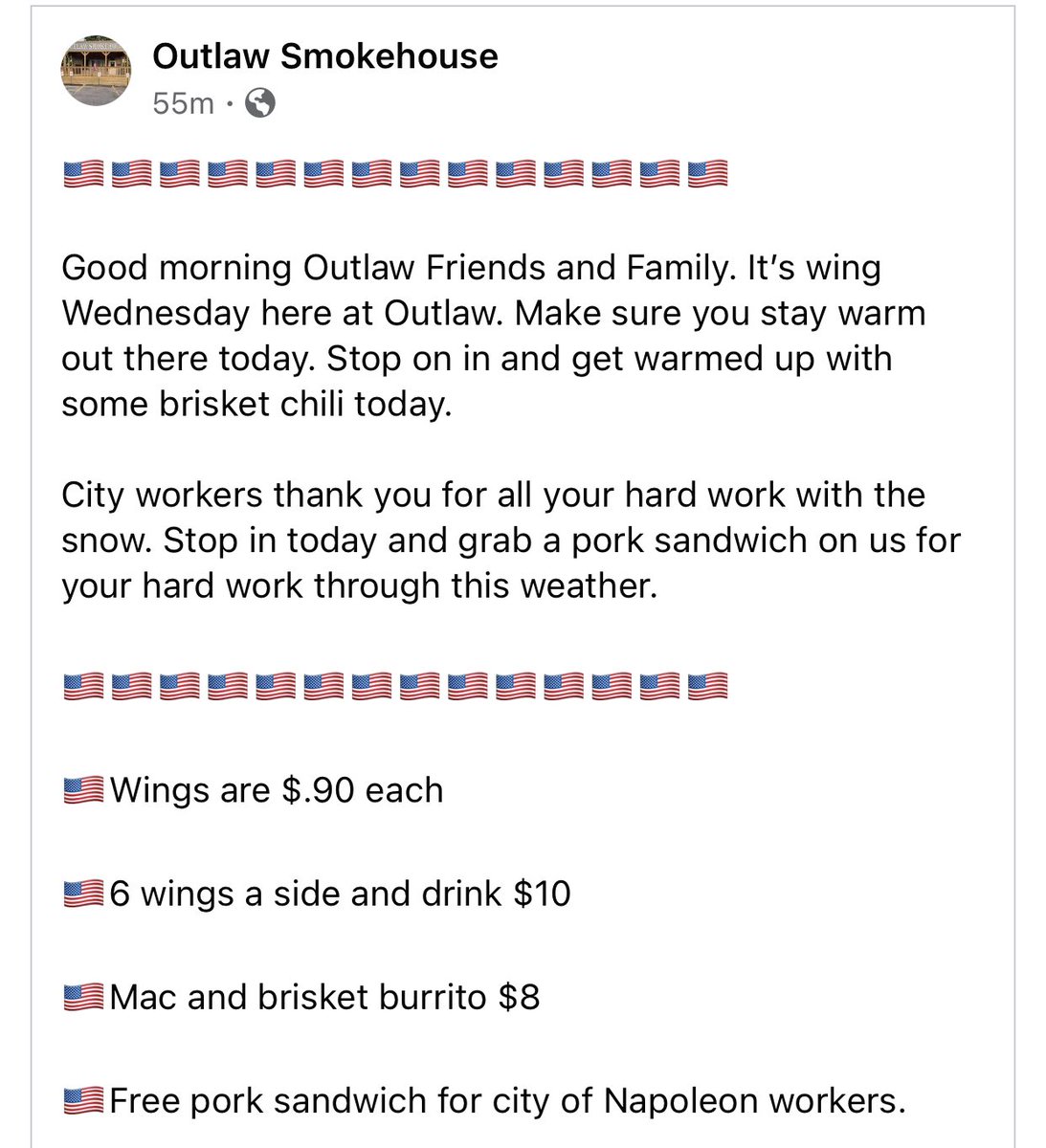 outlaw_attitude's tweet photo. What a difference a day makes! 14 inches of snow!! Napoleon City Workers (plow drivers) come on in for a pork sandwich. Specials are our wings!! #WingWednesday #Napoleon #plowdrivers https://t.co/Eb0s3pzz3l