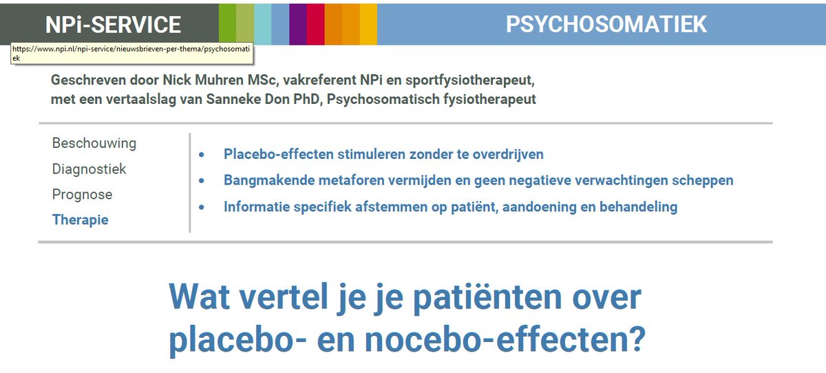 Wat vertel je je patiënten over placebo- en nocebo-effecten?

#NPiService #Psychosomatiek 

Bekijk hier de themapagina Psychosomatiek met referaten, webcasts en themanieuws:

npi.nl/psychosomatiek