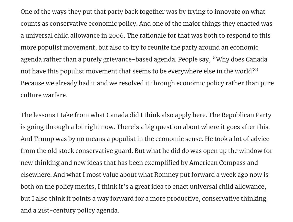 As I argued here, when Canada's right had its own populist movement split the party, they put the pieces back together by innovating on conservative economic policy. Republicans now face a choice between aping Trump's style or doubling down on substance. https://americancompass.org/event/family-feud-child-allowance-edition/