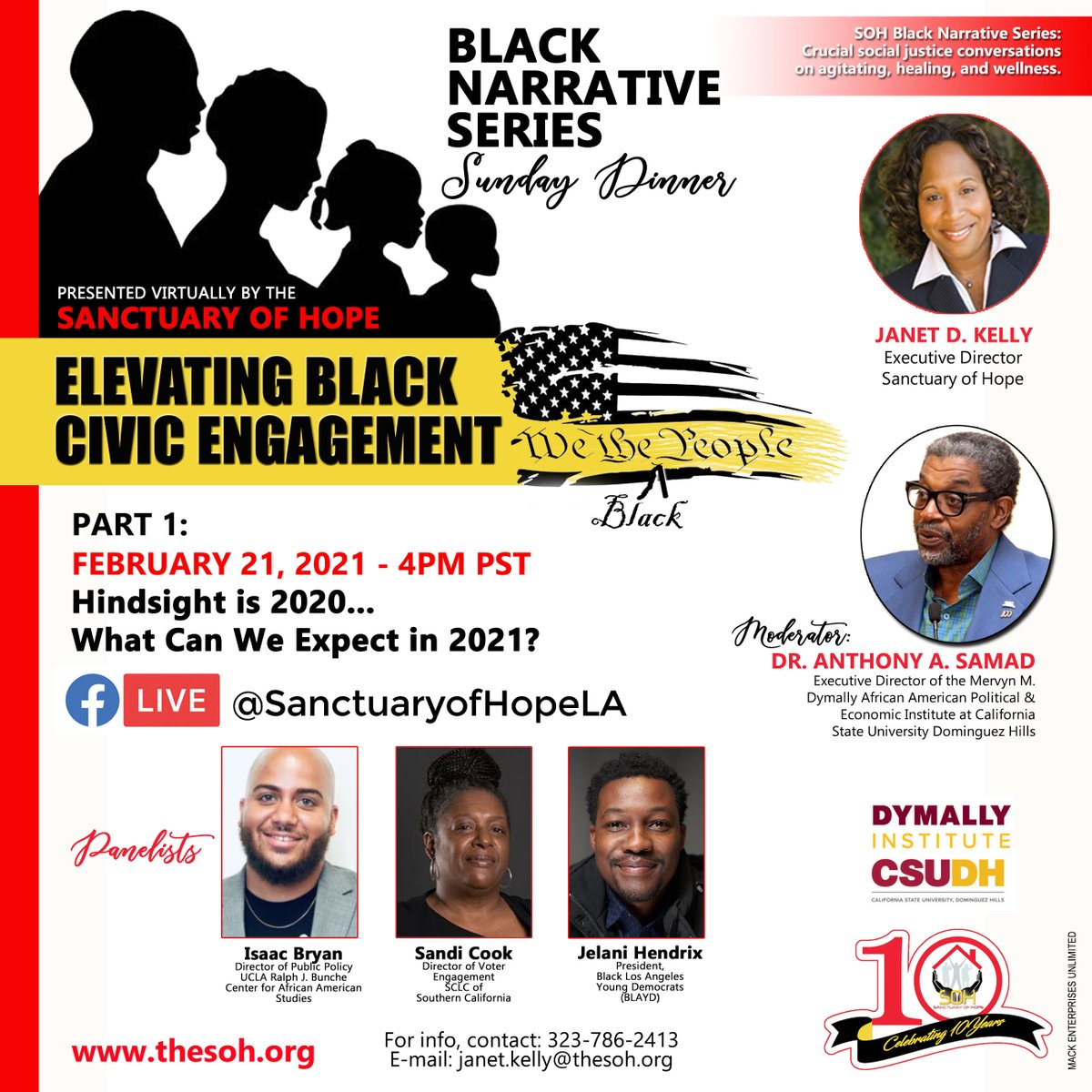 janetdkelly's tweet photo. @The_SOH_LA  launches #BlackNarrativeSeries 4-part Sunday Conversations on "Elevating Black Civic Engagement", 2/21, 4 pm on FB Live with @DrAnthonySamad @csudhDymally, @ib2_real @ucla ,@JelaniHendrix @BLAYoungDems  , Sandi Cook @sclcsocal RT https://t.co/eFt5bgrpx4