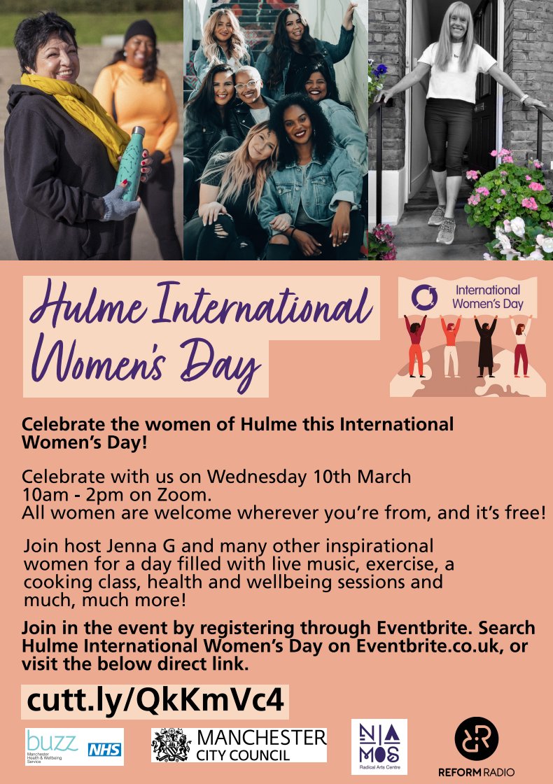 Please join us for #Hulme International Women's Day on Wednesday 10th March 10am-2pm on Zoom. Book your FREE place on Eventbrite here cutt.ly/QkKmVc4 @AnnIgbon @CllrNigel @MCCHulme @Ekua4Hulme @LabourHulme @redbricksonline @BritanniaBasin @LifeBuildings @HulmeOf #IWD2021
