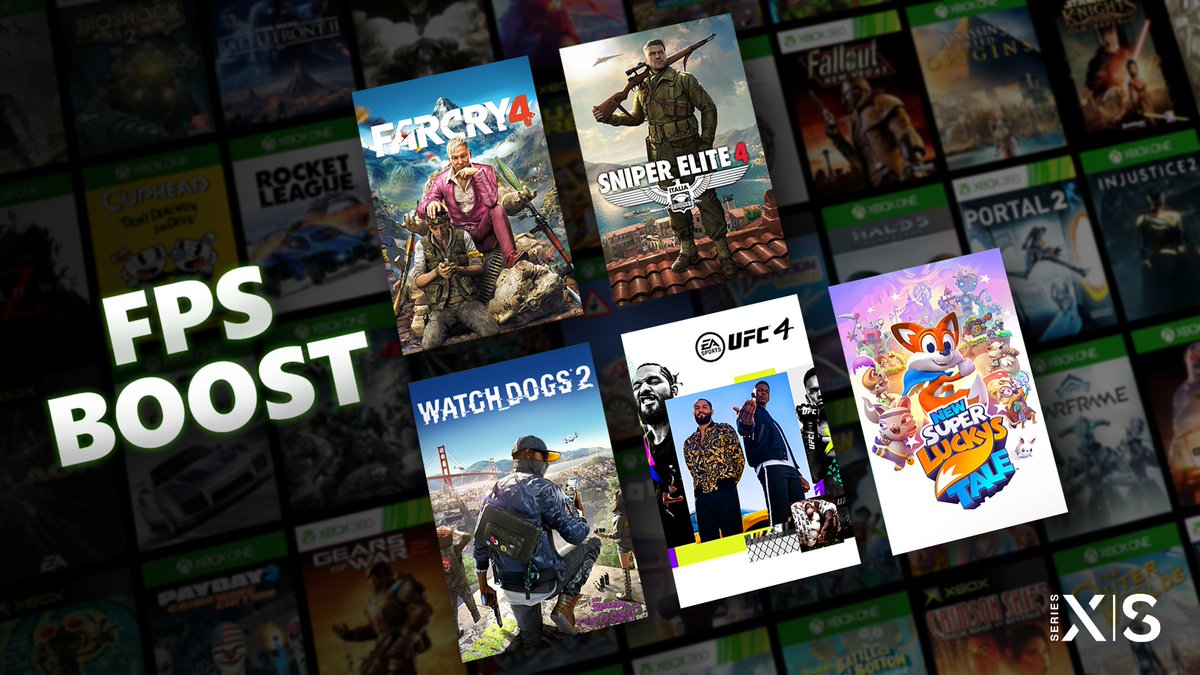 Graphic lockup of games receiving FPS BOOST featuring key art from Far Cry 4, Sniper Elite 4, New Super Lucky's Tale, Watch Dogs 2, and UFC 4. Array of assorted key art frames in the background.