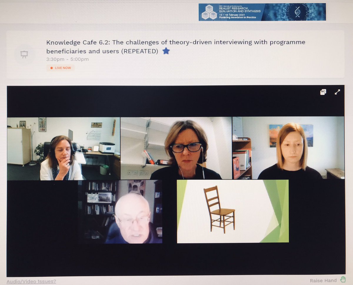 Fantastic session about the challenges of theory-driven interviewing @RealistConf2021. Incredibly helpful to hear all the tips and insights from session facilitators and participants #Realist2021