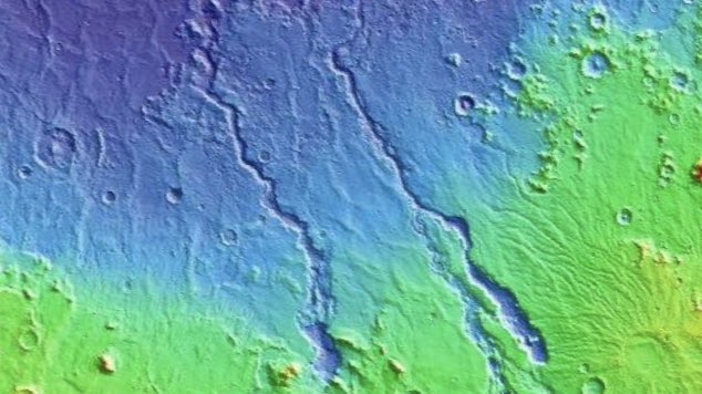 Okay, now let’s zoom back in a little bit. If the Northern Hemisphere is much lower than the Southern Hemisphere with that dramatic of a slope, and Mars once had liquid water, we’d expect to find evidence of the water flowing out into this lower-lying area, right? And sure enough